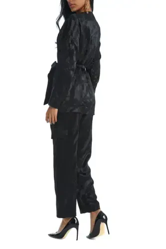 Black Suit with Shiny Patterned Belt and Asymmetrical Jacket 38849 - 4