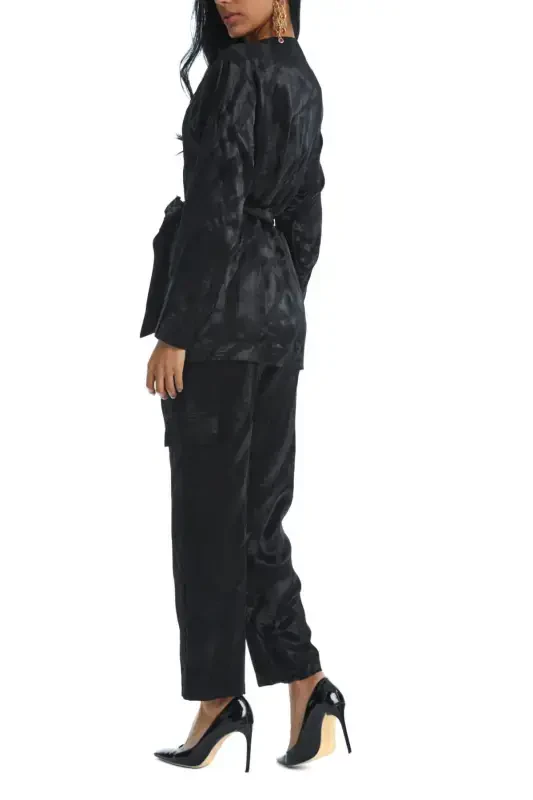 Black Suit with Shiny Patterned Belt and Asymmetrical Jacket 38849 - 4