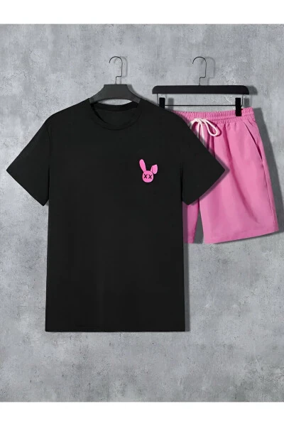 Black T-shirt with Rabbit Print and Pink Shorts Set - TRENDGAR
