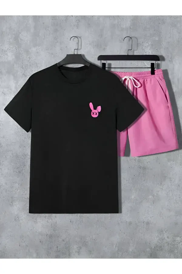 Black T-shirt with Rabbit Print and Pink Shorts Set - 1