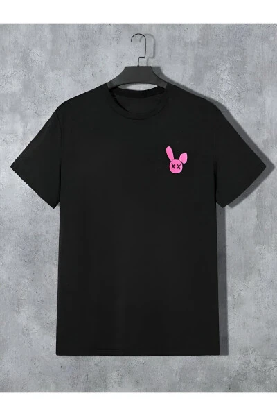 Black T-shirt with Rabbit Print and Pink Shorts Set - TRENDGAR (1)