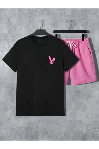 Black T-shirt with Rabbit Print and Pink Shorts Set 