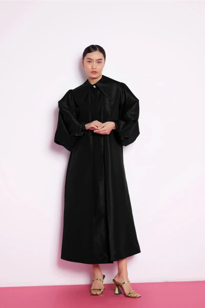 Black Taffeta Dress with Balloon Sleeves - 11