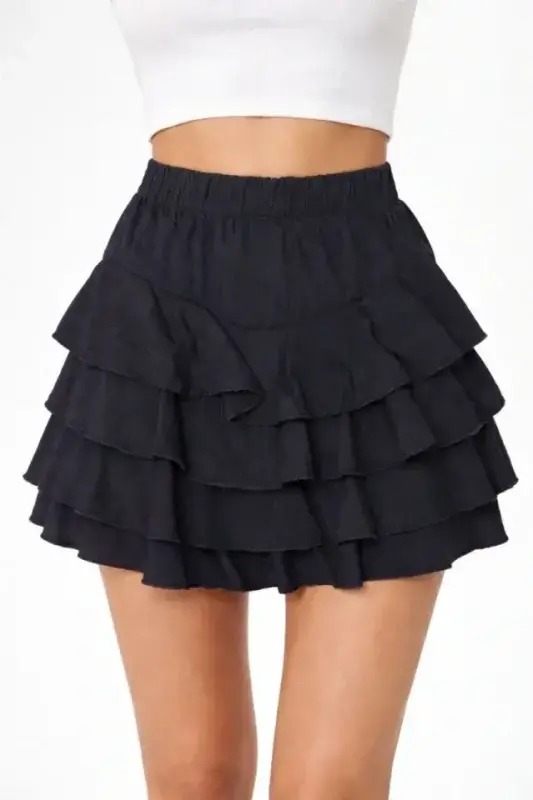 Black Tiered Mini Ruffle Skirt Elastic High Waist, Frilled Design, Relaxed Fit, Suitable for Daily and Stylish Combinations Summer Skirt - Black - 1