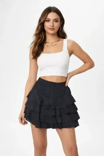 Black Tiered Mini Ruffle Skirt Elastic High Waist, Frilled Design, Relaxed Fit, Suitable for Daily and Stylish Combinations Summer Skirt - Black - BÜYÜKBEDENIZ (1)