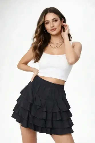 Black Tiered Mini Ruffle Skirt Elastic High Waist, Frilled Design, Relaxed Fit, Suitable for Daily and Stylish Combinations Summer Skirt - Black - 4