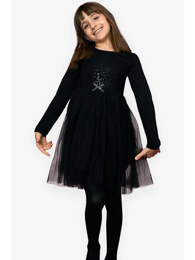 Black Tulle Dress with Sequins and Bow for Girls (4-6 Years) - 1