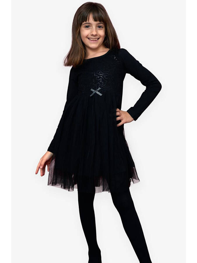 Black Tulle Dress with Sequins and Bow for Girls (4-6 Years) - 2