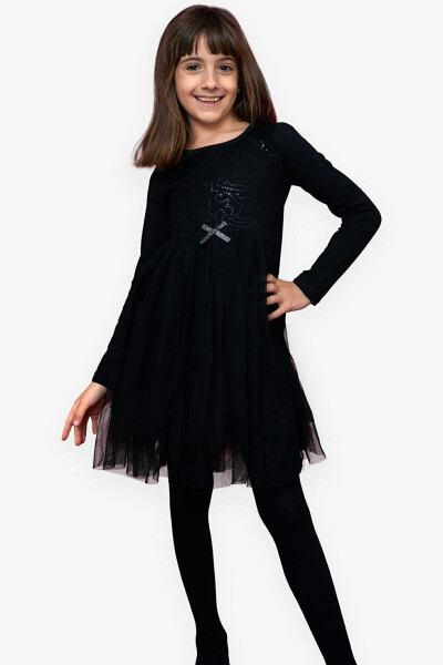 Black Tulle Dress with Sequins and Bow for Girls (4-6 Years) - 11