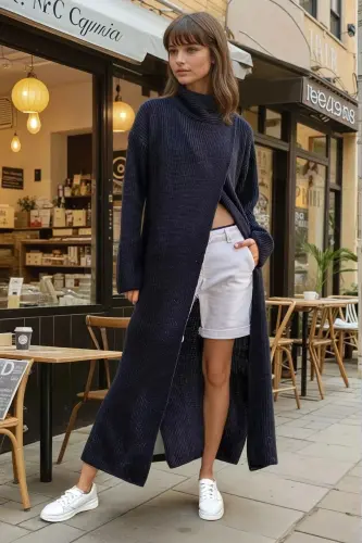 Black Turtleneck, Cross Slit Detail, Loose And Long - 2