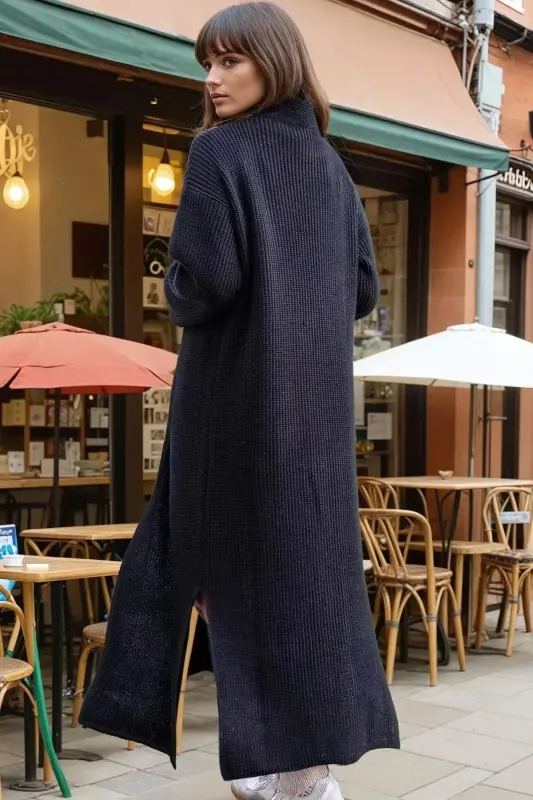 Black Turtleneck, Cross Slit Detail, Loose And Long - 3