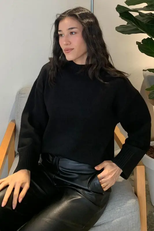 Black Turtleneck Oversize Knit Sweater MG1972-Black - 6