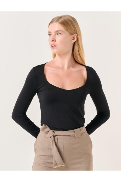 Black U-Neck Long Sleeve Knit Blouse - 12