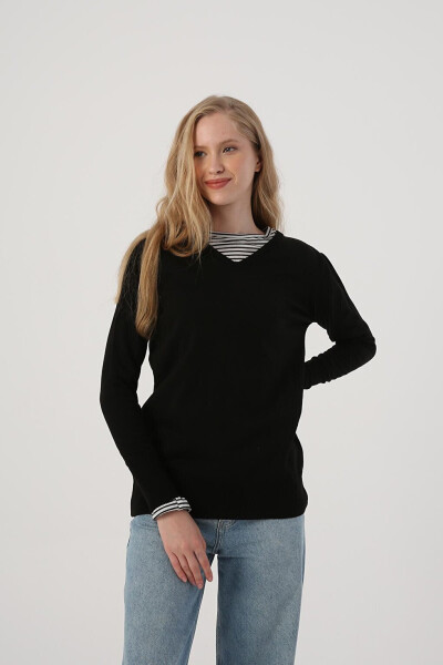 Black V-Neck Knit Sweater - 15