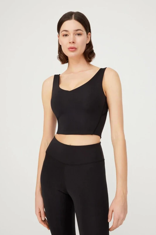 Black V-Neck Lightly Supported Padded Sports Bra - LOS OJOS