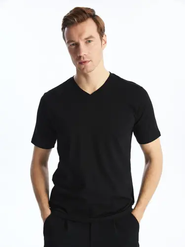 Black V-Neck Short Sleeve Men's T-Shirt-Black 