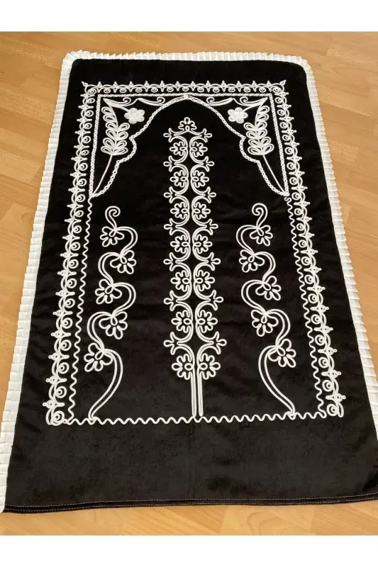 Black Velvet Bridal Prayer Rug Set-Black - 2