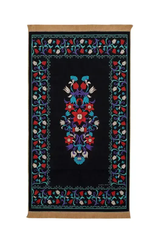 Black Velvet Carpet Prayer Mat - BURSA İPEK