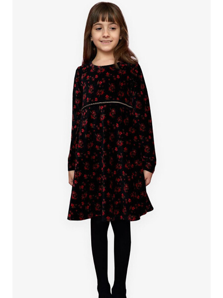 Black Velvet Dress with Flowers for Girls (7-12 Years) - 4