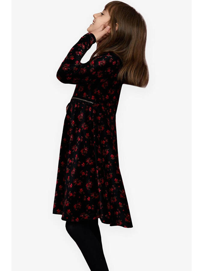 Black Velvet Dress with Flowers for Girls (7-12 Years) - 5