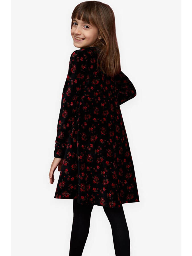 Black Velvet Dress with Flowers for Girls (7-12 Years) - 6