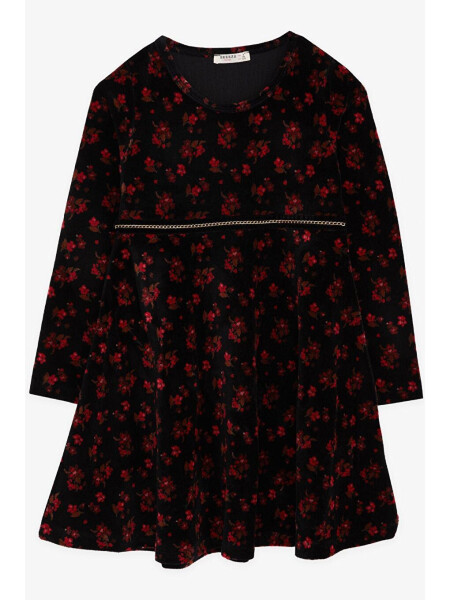 Black Velvet Dress with Flowers for Girls (7-12 Years) - 7