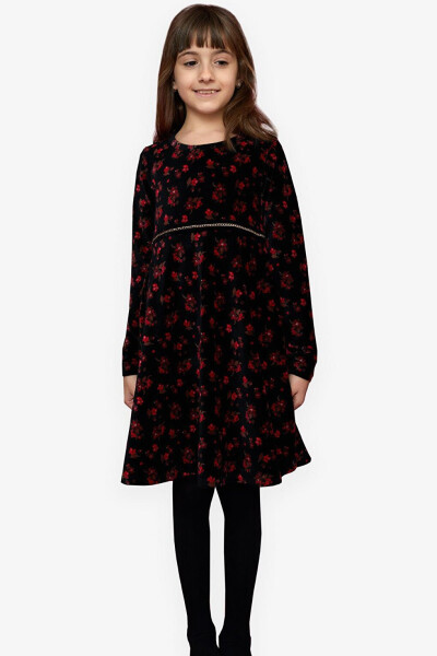 Black Velvet Dress with Flowers for Girls (7-12 Years) - 11