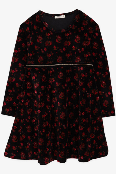 Black Velvet Dress with Flowers for Girls (7-12 Years) - 14