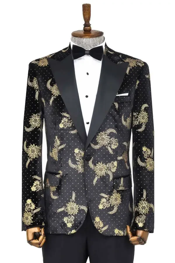 Black Velvet Men's Tuxedo Jacket with Dotted Floral Pattern - Wessi - 1