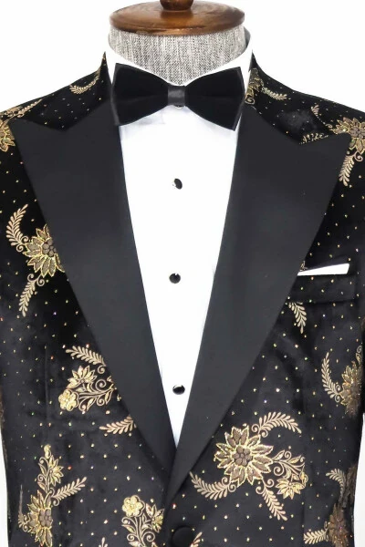 Black Velvet Men's Tuxedo Jacket with Dotted Floral Pattern - Wessi - WESSI (1)