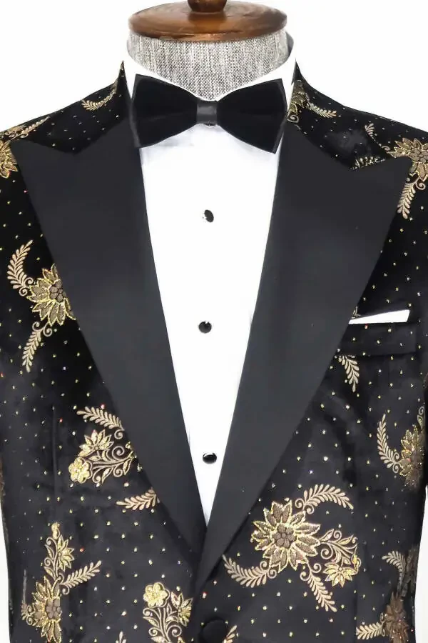 Black Velvet Men's Tuxedo Jacket with Dotted Floral Pattern - Wessi - 2