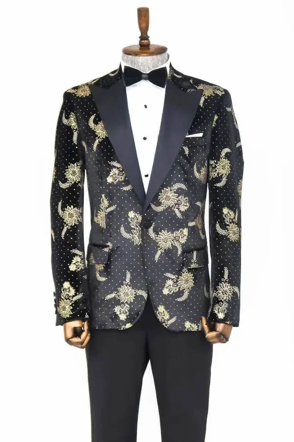 Black Velvet Men's Tuxedo Jacket with Dotted Floral Pattern - Wessi - 3