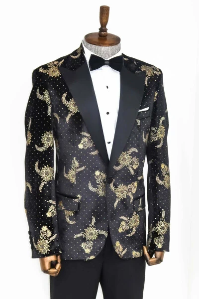 Black Velvet Men's Tuxedo Jacket with Dotted Floral Pattern - Wessi - 4
