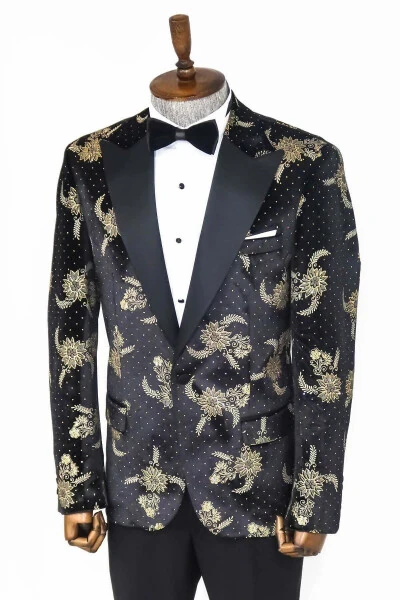 Black Velvet Men's Tuxedo Jacket with Dotted Floral Pattern - Wessi - 5