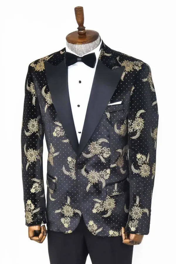 Black Velvet Men's Tuxedo Jacket with Dotted Floral Pattern - Wessi - 5