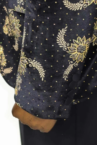 Black Velvet Men's Tuxedo Jacket with Dotted Floral Pattern - Wessi - 6