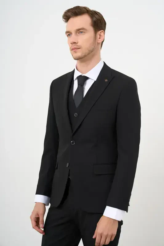 Black Vest Basic Plain Slim Fit Narrow Cut Size 6 Men's Suit - 2