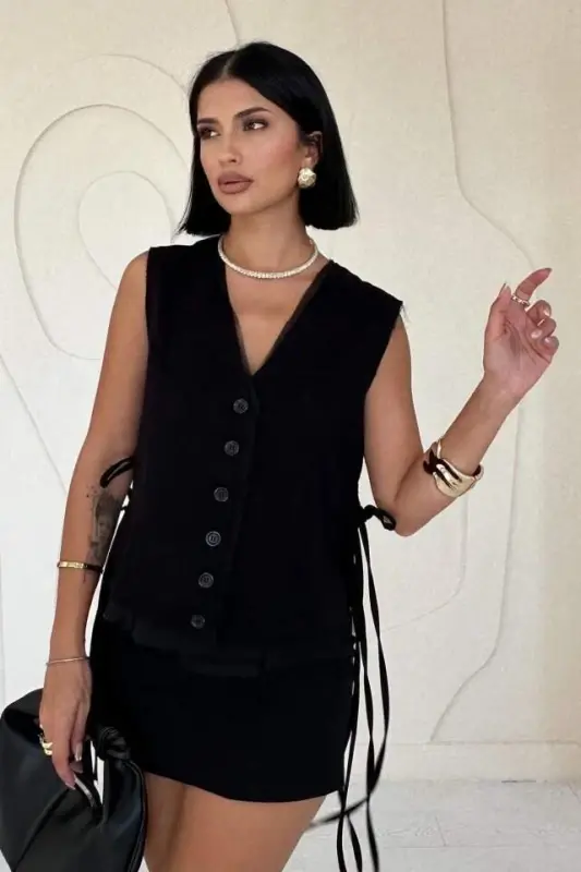 Black Vest with Lace-up Sides - 1