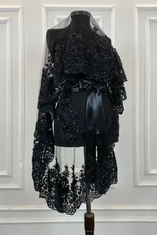 Black Vip Deluxe Bridal Veil Set, Henna Veil 6 Piece Full Set-Black - ZEYMERADE