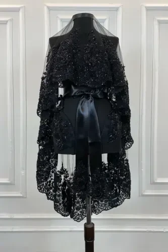 Black Vip Deluxe Bridal Veil Set, Henna Veil 6 Piece Full Set-Black - ZEYMERADE (1)