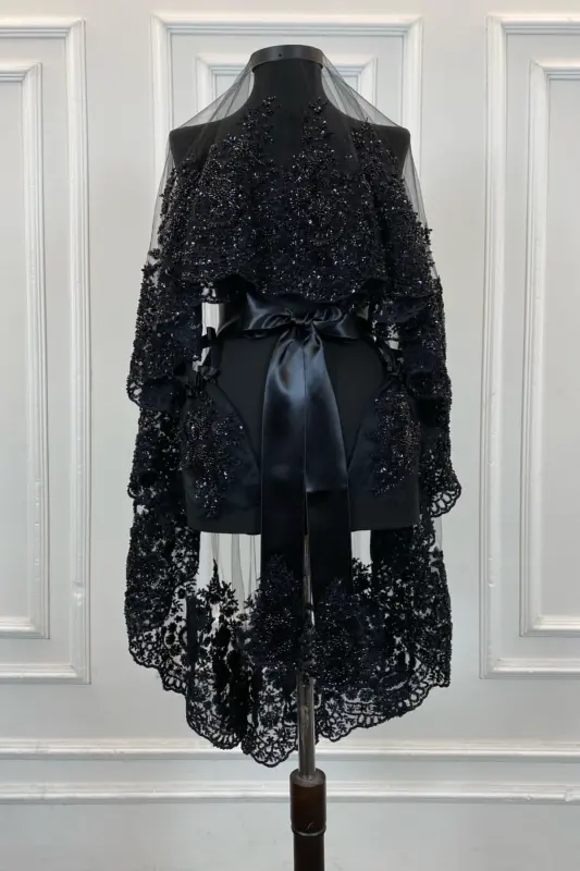 Black Vip Deluxe Bridal Veil Set, Henna Veil 6 Piece Full Set-Black - 2