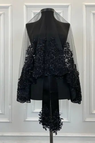 Black Vip Deluxe Bridal Veil Set, Henna Veil 6 Piece Full Set-Black - 3