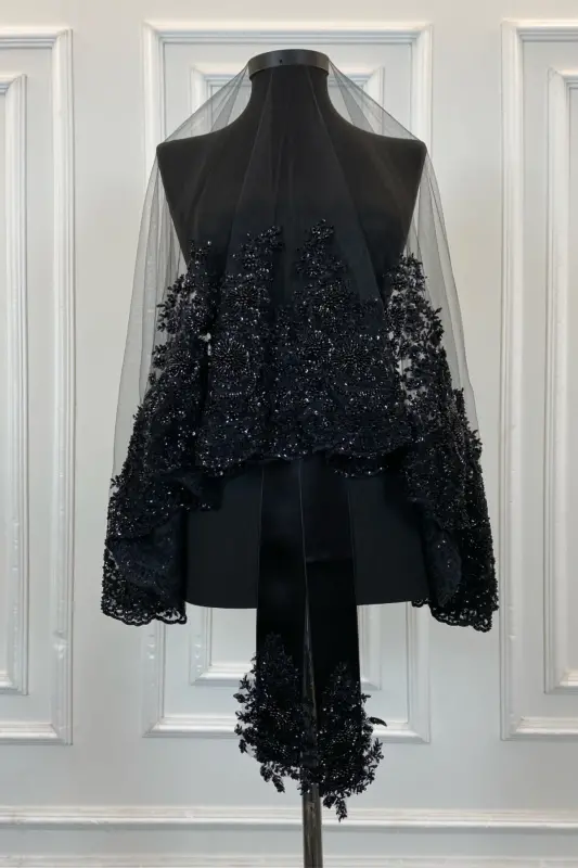 Black Vip Deluxe Bridal Veil Set, Henna Veil 6 Piece Full Set-Black - 3