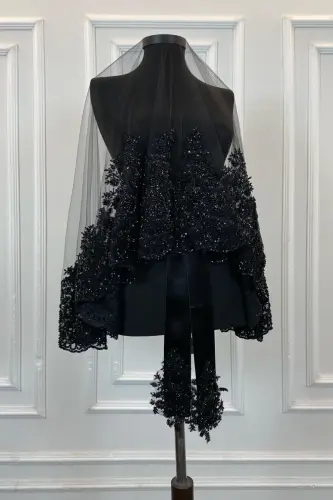Black Vip Deluxe Bridal Veil Set, Henna Veil 6 Piece Full Set-Black - 6