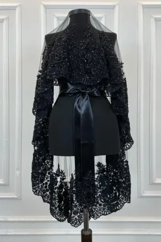 Black Vip Deluxe Bridal Veil Set, Henna Veil 6 Piece Full Set-Black - 7