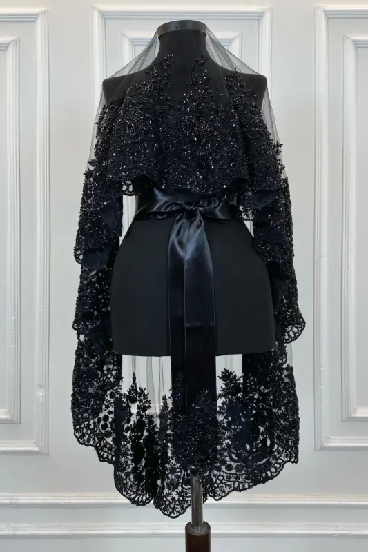 Black Vip Deluxe Bridal Veil Set, Henna Veil 6 Piece Full Set-Black - 7