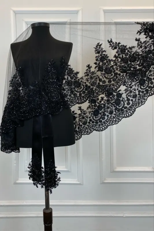 Black Vip Deluxe Bridal Veil Set, Henna Veil 6 Piece Full Set-Black - 8