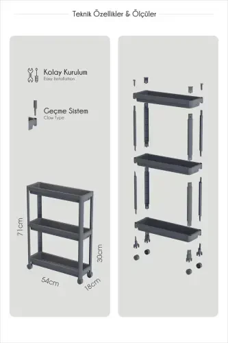 (BLACK) Wheeled Rectangular 3-Tier Shelf Unit - 3