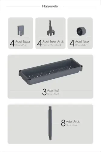 (BLACK) Wheeled Rectangular 3-Tier Shelf Unit - 4