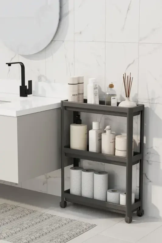 (BLACK) Wheeled Rectangular 3 Tier Shelf Unit - Bathroom Kitchen Organizer-Black - 2